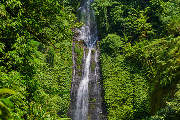 Sekumpul waterfall on Bali island Indonesia. Majestic waterfall in the rainforest jungle. View of amazing beautiful waterfall with sunlight.bNature landscape. Travel and adventure concept.