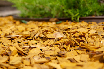Natural cork mulch (decorative wooden sawdust) made of flower beds and lawns. Yellow mulch near...
