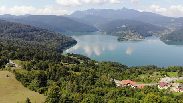 Mountain Spring lake (Izvorul Muntelui), Romania. Aerial view from professional drone