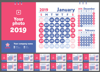 2019 calendar. English calender. Color vector template. Week starts on Sunday. Business planning. New year planner. Simple design