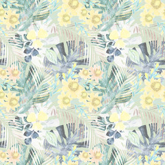Seamless tropical pattern .Yellow flowers, palm leaves on light green background.