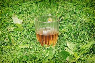A mug of beer on the green grass