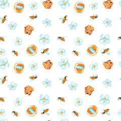 Watercolor hand drawn sketch seamless pattern background with a honey jar, bees, honeycomb and flowers isolated on white