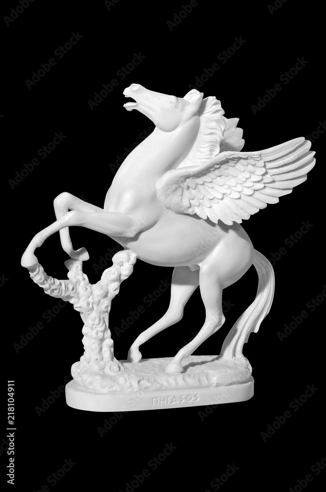 Wall mural statue of a horse with wings on a black background