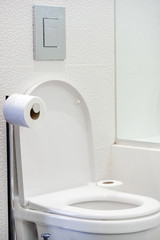 Close-up of toilet bowl and roll on toilet paper holder. Toilet paper roll in restroom.