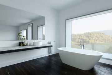 Modern bathroom with tub by large mirror