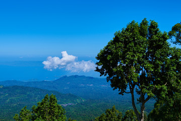 Fototapeta na wymiar Mountainous tropical forest with blue sky and clouds in valley, high elevation landscape, panoramic view. Tourist lookout towards mountain ranges and hills covered by evergreen rainforests.