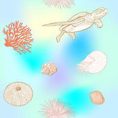 Sea world seamless pattern, background with fish, corals and shells on blue and white stripes background. Stock vector illustration. Colored and outline disign.