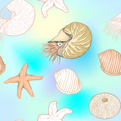 Sea world seamless pattern, background with fish, corals and shells on blue and white stripes background. Stock vector illustration. Colored and outline disign.