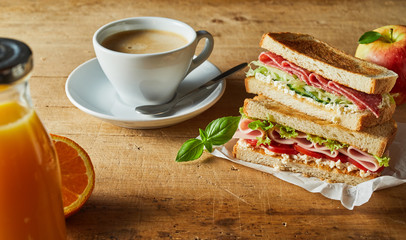 Sandwiches and coffee for breakfast