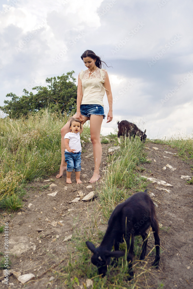 Wall mural woman with a child in a field on the mountain sitting next to a small goat in the summer