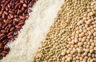 columns of rice lentils beans and garbanzo beans