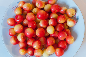 Red-yellow sweet cherries in a plate. _ Черешни красно-жёлтые в тарелке.