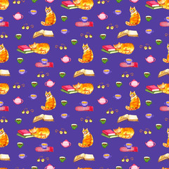 Watercolor cats seamless wallpaper. Cartoon animals children illustration. Emoji violet pattern background.