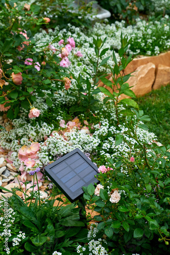 Outdoor Garden Led Spotlight With Solar Panel On A Green Grass Outdoor Garden Led Spotlight With Solar Panel On A Green Grass Background Powered