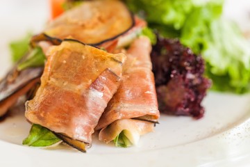 Closeup of a Salad with Ham and Aubergines