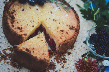 Pie with blueberries on the table. 