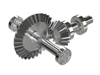 Bevel gear. Gear transmission rotation angle. 3D rendering