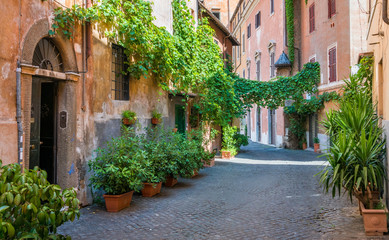 Fototapeta na wymiar The pictiresque Rione Trastevere on a summer morning, in Rome, Italy.
