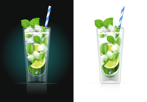 Mojito glass with pipe. Alcohol cocktail. Alcoholic classic