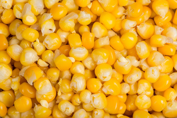 Culinary background from boiled maize grains. Close-up of a beautiful yellow heap of sweet corn seeds in a decorative textured pattern. Tasty organic vegetable. Healthy vegetarian and vegan food.