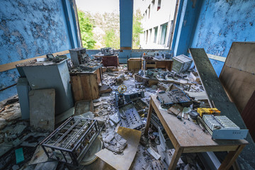 Inside the former factory in Pripyat desolate city in Chernobyl Exclusion Zone, Ukraine