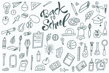 Back to shool design elements. Hand drawn clipart with supplies. Doodle vector illustration