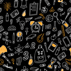Doodle seamless background. School pattern with hand drawn supplies. Vector illustration