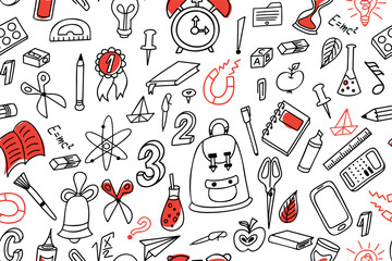Doodle seamless background. School pattern with hand drawn supplies. Vector illustration