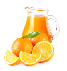 orange juice with orange and green leaf isolated on white background. juice in jug