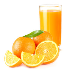 orange juice with orange and green leaf isolated on white background. juice in glass