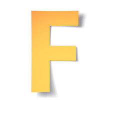 yellow-gold letter F carved from paper with soft shadow.Vector