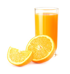 orange juice with orange isolated on white background. juice in glass