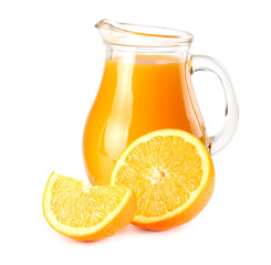 orange juice with orange isolated on white background. juice in jug