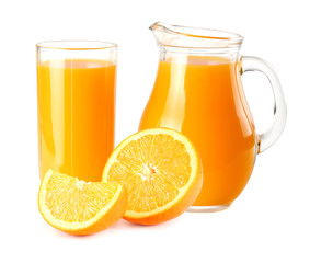 orange juice with orange isolated on white background. juice in glass