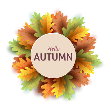 Autumn leaves. Bright colourful autumn oak leaves. Template for placards. Seasonal sale in shop. Vector Illustration  