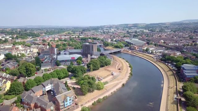 Exeter cityscape along River Exe, AERIAL PAN