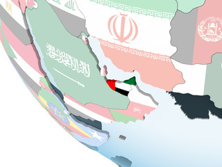 United Arab Emirates with flag on globe