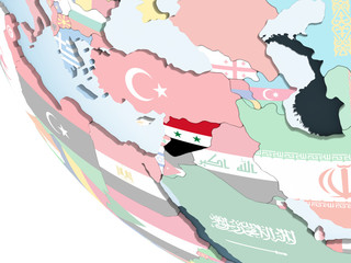 Syria with flag on globe