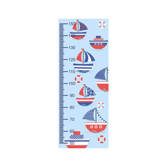 Growth meter,  children's height measurement, ships in the sea. Vector illustration.