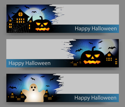 Set of three Halloween blue banners with pumpkin and ghost, bat and castle. Vector illustration.
