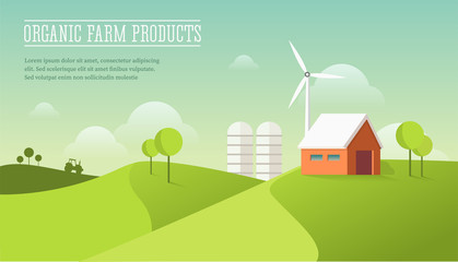 Naklejka premium Eco village illustration. Organic farming concept. Modern flat design style. Barn house on the field with windmill and tractor.
