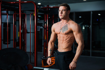 Fototapeta na wymiar Perfect muscular male naked torso at gym fitness club. Sporty active lifestyle concept. Bodybuilding and healthy way of life