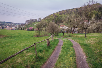 Fototapeta na wymiar Field road in Breznice, small village in Zlinsky kraj District, Czech Republic