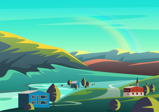 Colorful vector cartoon illustration landscape with few houses town placed on lands of remote valley with mountains and blue sky with rainbow.