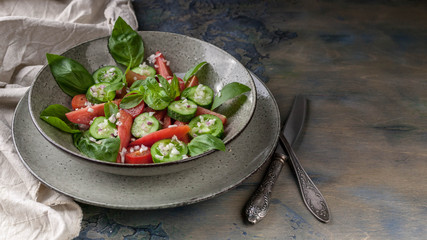 Vegetable salad of red and green tomatoes with basil leaves.