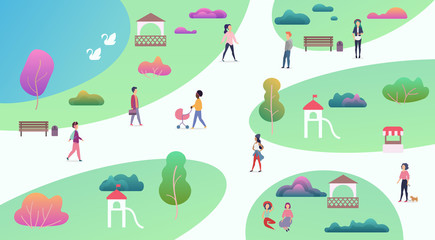 Top map view of various people at park walking and performing leisure outdoor sport activities. City park with lake vector illustration.