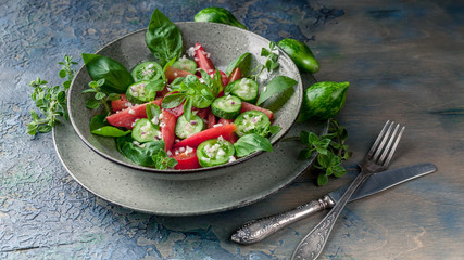 Vegetable salad of red and green tomatoes with basil leaves.