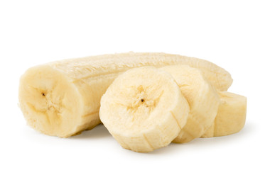 Peeled banana slices close up on a white. Isolated.