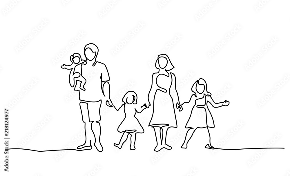 Wall mural Continuous one line drawing. Happy family father and mother with three children. Vector illustration.